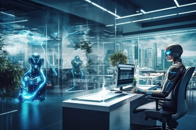 A robot working in a modern office with real people. Generative AI